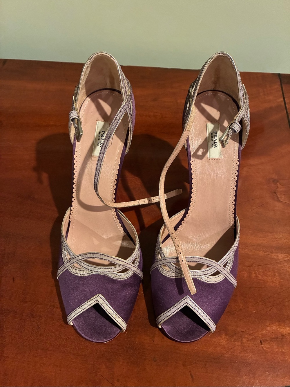Prada Vintage Purple Satin Silver Heels Size 38